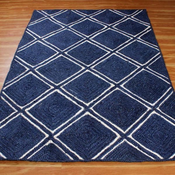 Handmade White Blue Jute Bordered Area Rug - Image 4