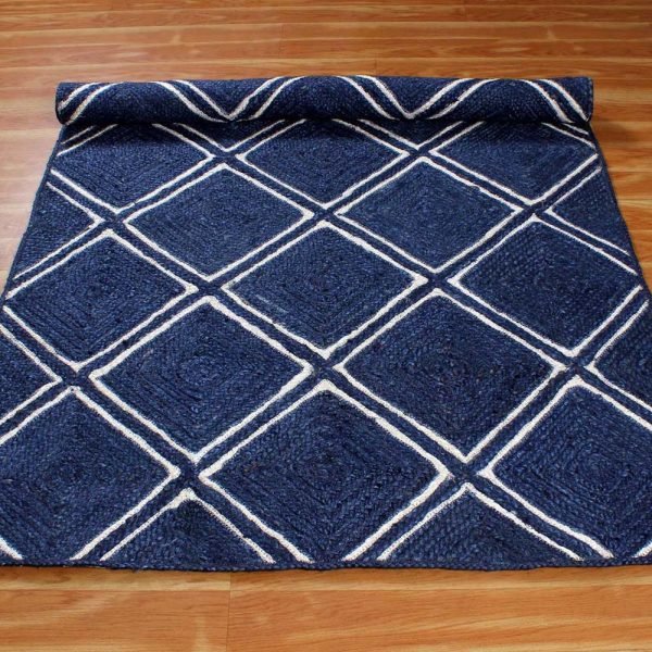 Handmade White Blue Jute Bordered Area Rug - Image 5