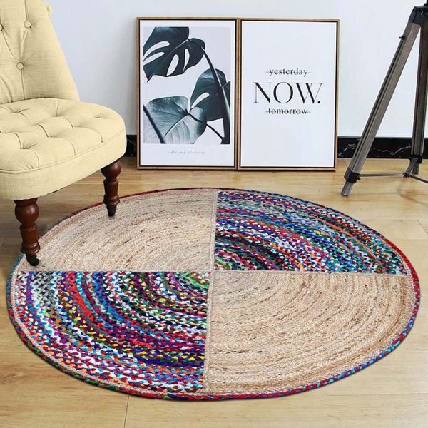 Indian Hand Braided Cotton Jute Multicolor Round Area Rug - Image 2