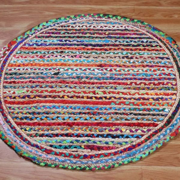 Cotton Jute Multicolor Hand Braided Round Living Room Rug - Image 3