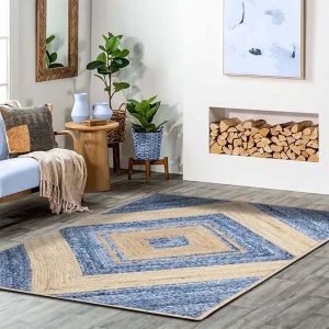 Blue Handmade Geometric Square Jute Rug