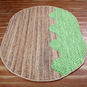 Green Beige Cotton Jute Oval Handmade Rug