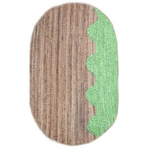 Green Beige Cotton Jute Oval Handmade Area Rug