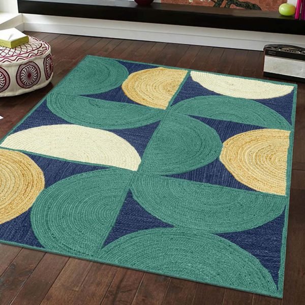 Hand Braided Modern Rug Green Blue Area Jute Rugs - Image 2