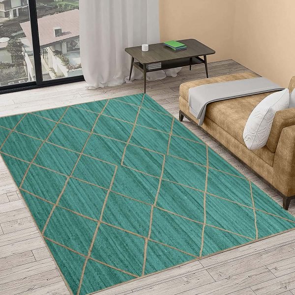 Teal Green Jute Geometric Handcrafted Rug - Image 5