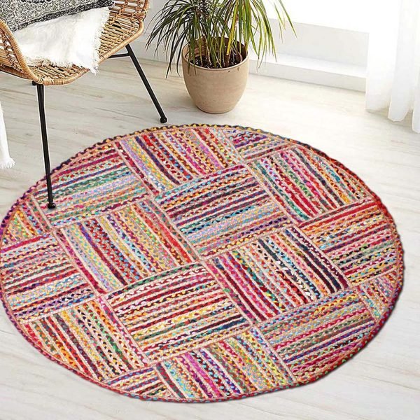 Cotton Jute Handmade Multicolor Round Area Rug - Image 2