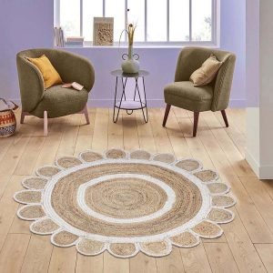 Hand Braided Scalloped white Beige Round Rug