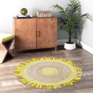 Hand Braided Cotton Jute Yellow Round Rug