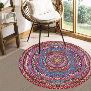 Hand Braided Cotton Jute Multicolor Round Area Rug