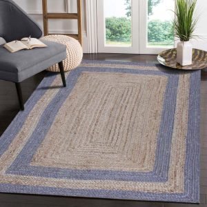 Hand Braided Blue Beige Bordered Area Rug