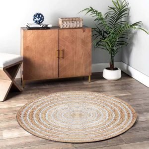 Hand Braided Beige White jute Round Rug
