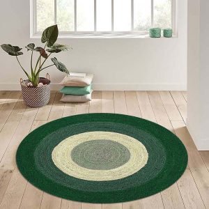 Hand Braided Jute Round Green White Area Rug
