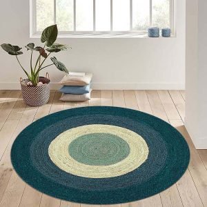 Indian Hand Braided Jute Teal Blue White Rug