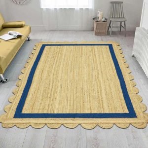 Scalloped Jute Rug Beige Blue Hand Braided Rug