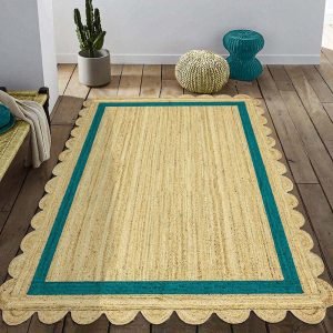 Hand Braided Scalloped Teal Blue Jute Rug