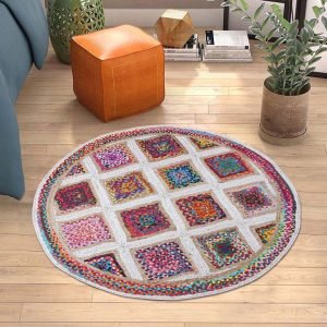Multicolor Hand Braided Cotton Jute Round Bordered Area Rug