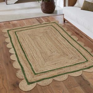 Scalloped Hand Braided Jute Beige Green Rug