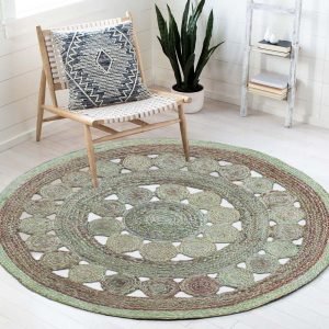 Hand Braided Beige Green Jute Round Area Rug