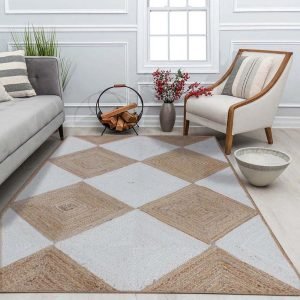 Geometric Handmade Jute White Beige Area Rug