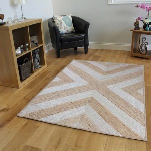 White Beige Geometric Hand Braided Jute Rug