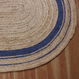 Hand Braided Jute Beige Blue Oval Rug