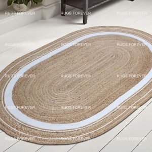 Hand Braided Jute Beige White Oval Rug
