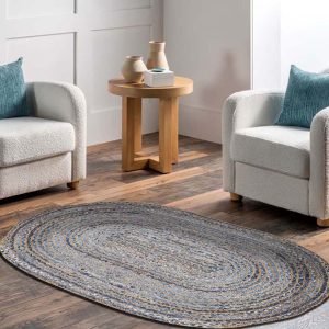 Handmade Beige Blue Oval Cotton Jute Area Rug