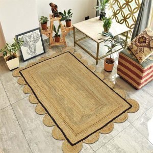 Scalloped Hand Woven Jute Black Bordered Rug