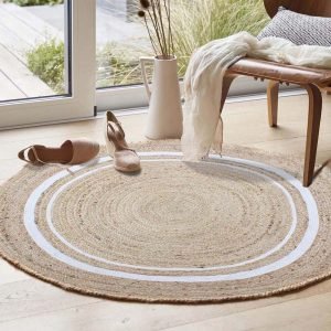 Hand Braided Round White Beige Jute Rug