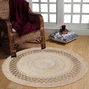 Hand Braided Beige Round Jute Geometric Rug