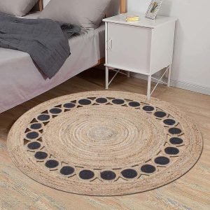 Round Hand Braided Jute Beige Black Area Rug