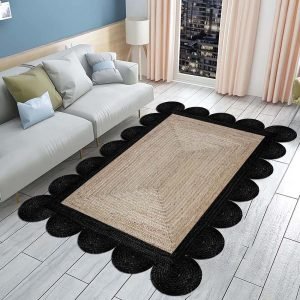 Hand Braided Jute Rug Scalloped Beige Black