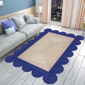 Scalloped Jute Handmade Blue Beige Area Rug