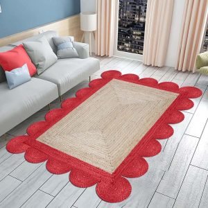 Red Beige Scalloped Jute Handmade Area Rug