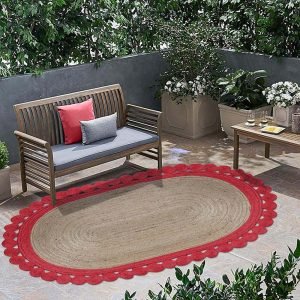 Red Beige Hand Braided Lobby Area Rug