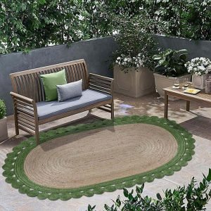 Scalloped Oval Border Beige Green Area Rug