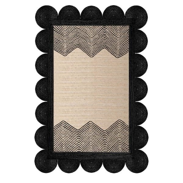 Hand Braided Black Beige Geometric Jute Rug