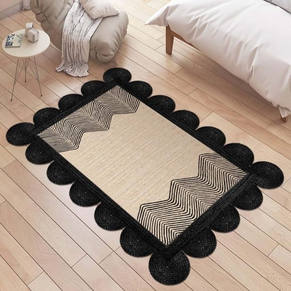 Hand Braided Black Beige Geometric Jute Rug - Image 2