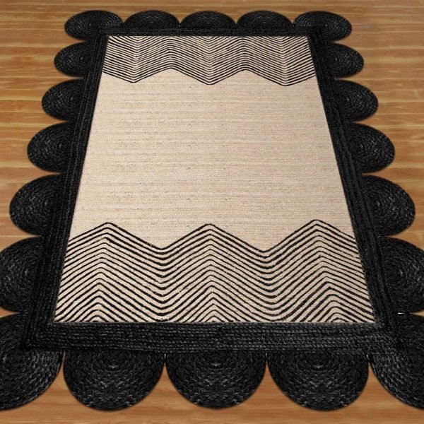 Hand Braided Black Beige Geometric Jute Rug - Image 3