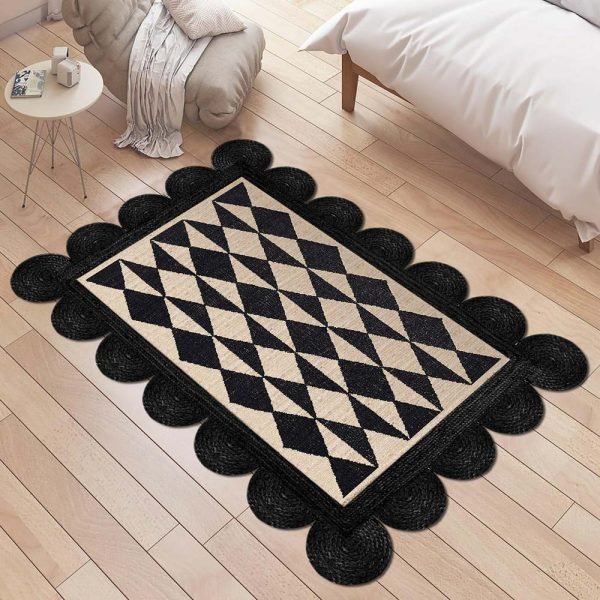 Handmade Geometric Rug Black Beige Area Rug - Image 2