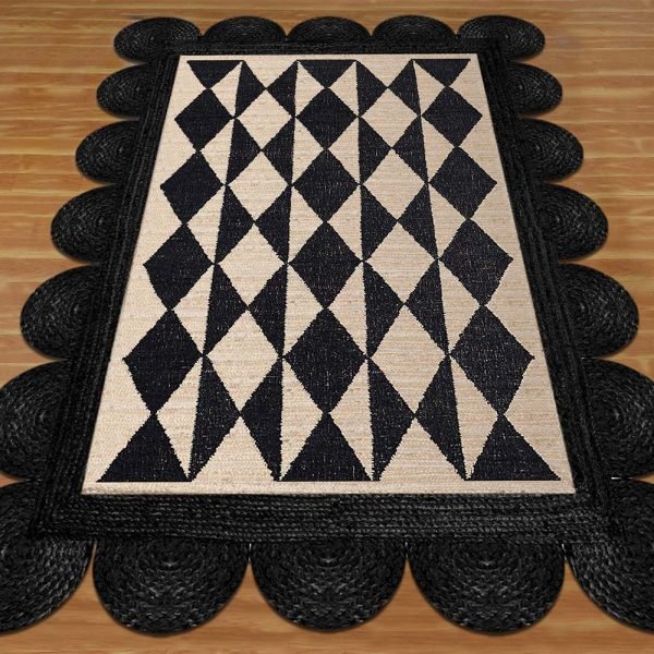Handmade Geometric Rug Black Beige Area Rug - Image 3