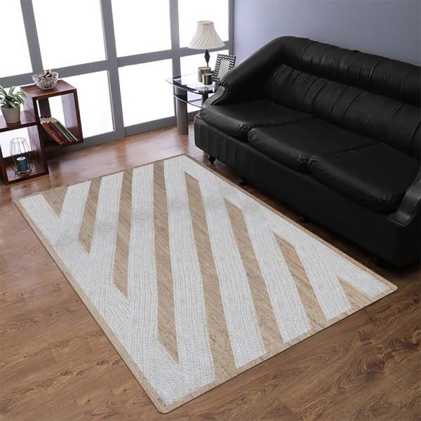 Handmade White Beige Geometric Floor Jute Rug - Image 2