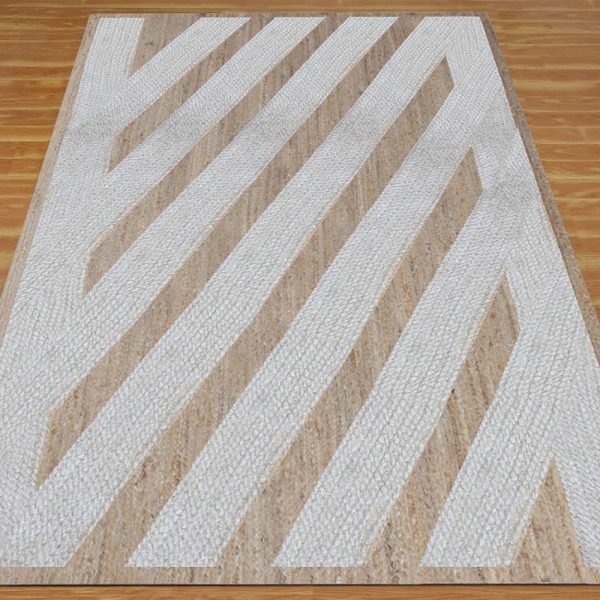 Handmade White Beige Geometric Floor Jute Rug - Image 3