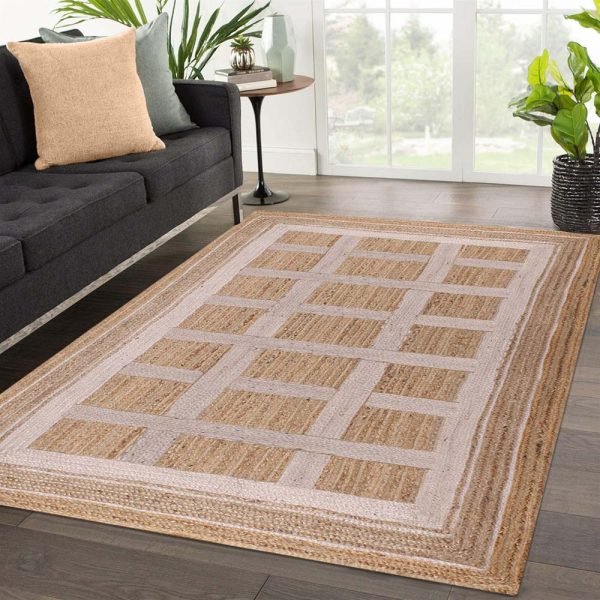 Handcrafted Geometric White Beige Jute Rug - Image 2