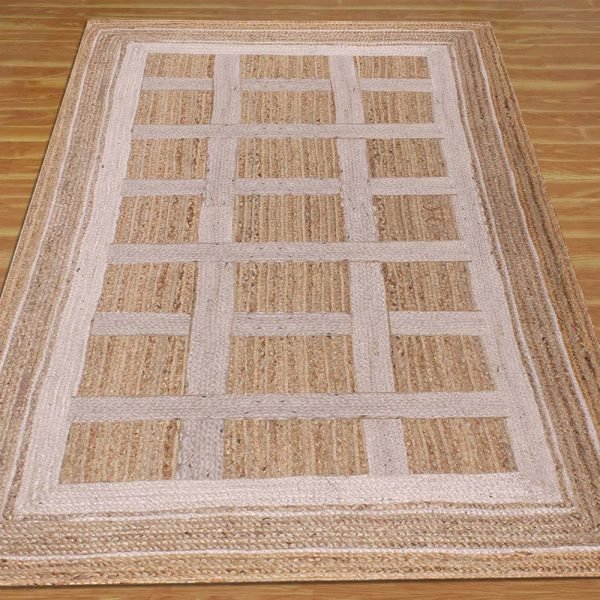 Handcrafted Geometric White Beige Jute Rug - Image 3