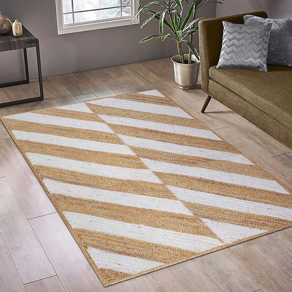 Handmade Geometric Beige White Jute Rug - Image 2