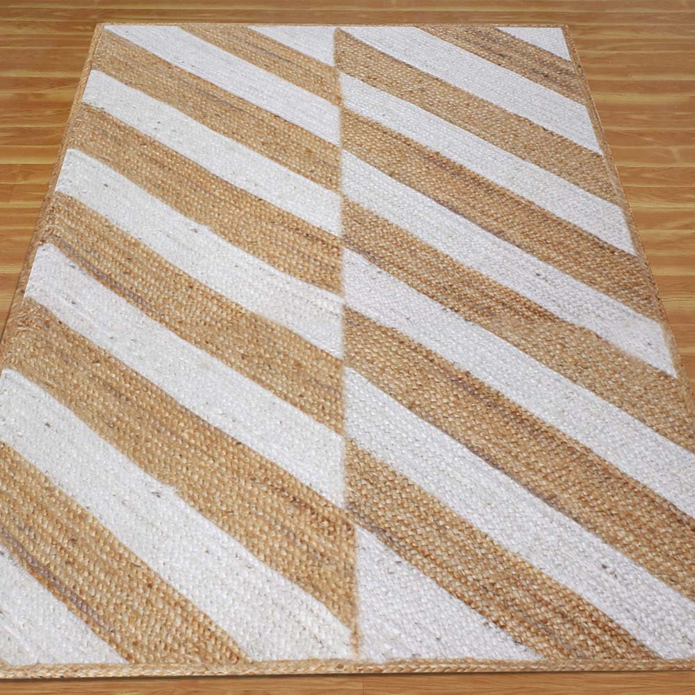 Handmade Geometric Beige White Jute Rug - Image 3