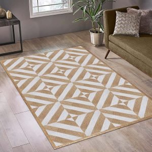Geometric Handmade Beige White Bedroom Rug