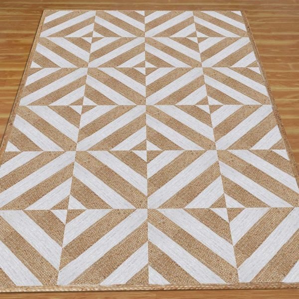 Geometric Handmade Beige White Bedroom Rug - Image 3