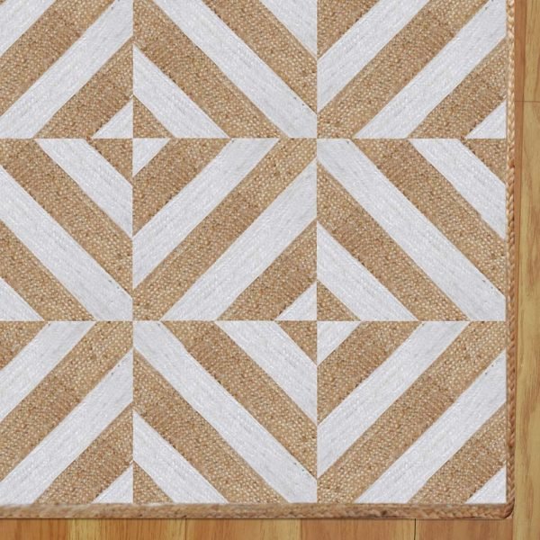 Geometric Handmade Beige White Bedroom Rug - Image 4